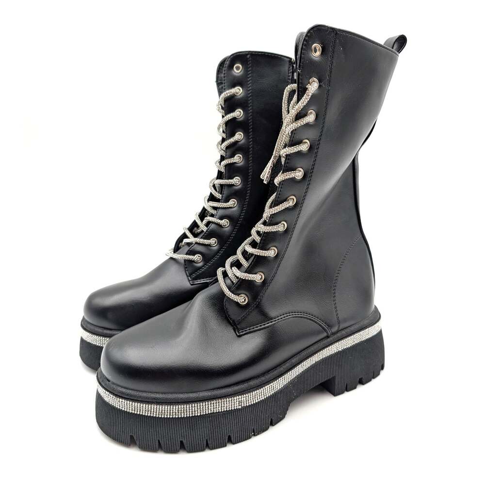 Wild Diva Munich Lug Sole Rhinestone Combat Boots Women's Black Size US7 EU37.5
